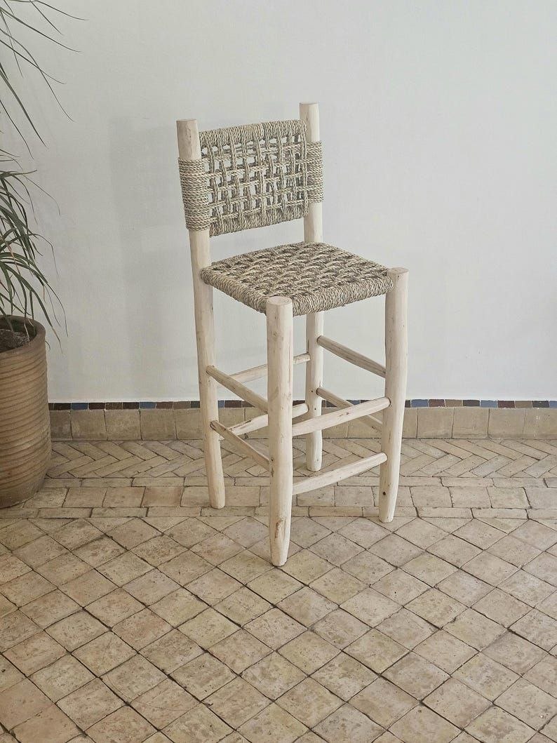 Taburete Alto con Respaldo de Esparto Trenzado