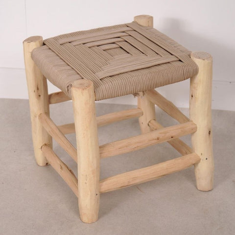 Taburete de Madera con Asiento Tejido a Mano