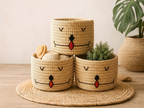 Set de 3 Cestas de Fibra Natural Bordadas a Mano