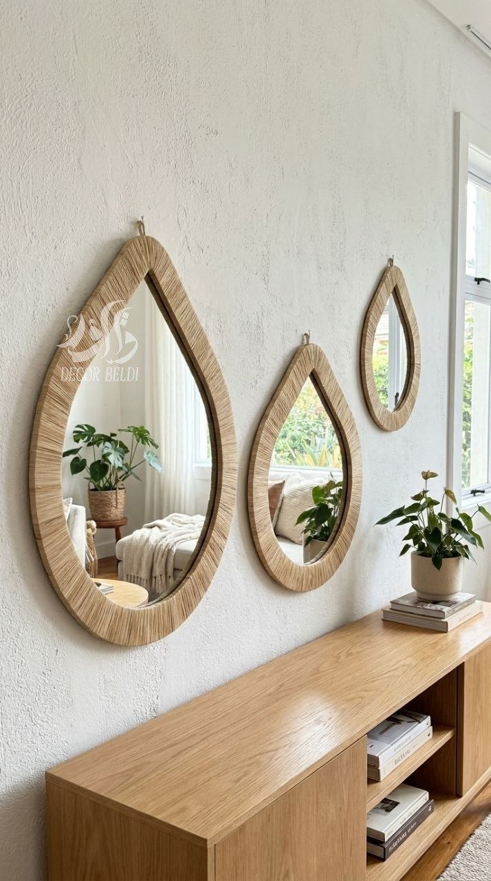 Espejo redondo de rafia natural estilo boho para el hogar